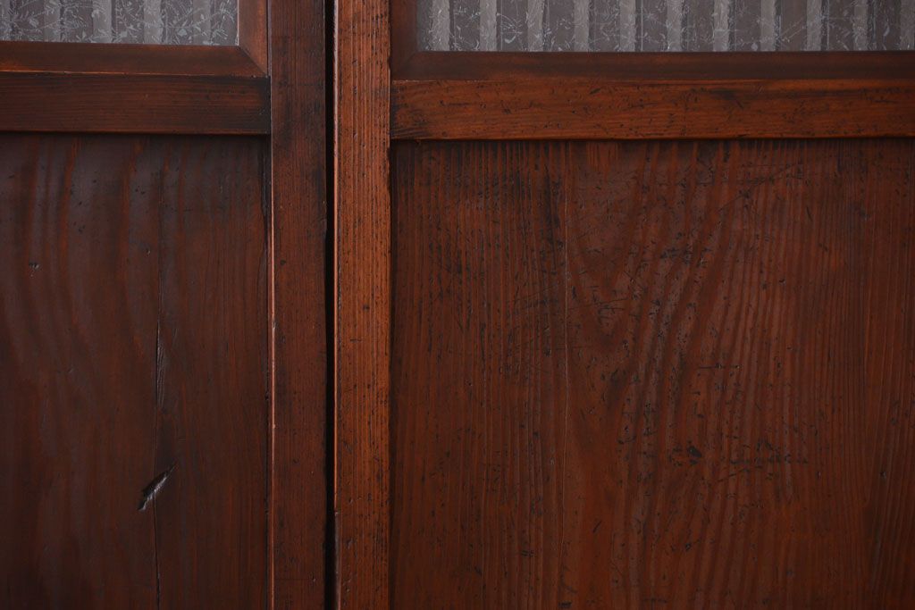 古民具・骨董　裏結霜ガラス入り!古い木の格子帯戸2枚セット(1)(ガラス帯戸)