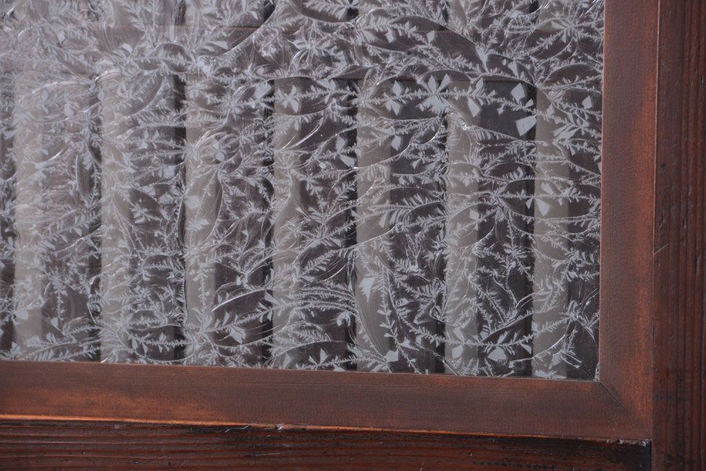 古民具・骨董　裏結霜ガラス入り!古い木の格子帯戸2枚セット(1)(ガラス帯戸)