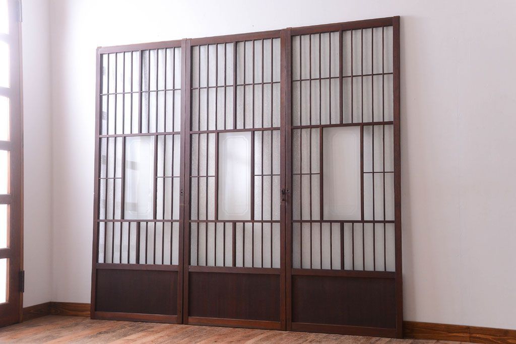 大正ロマン　デザインガラス入り!アンティーク障子枠ガラス戸3枚セット