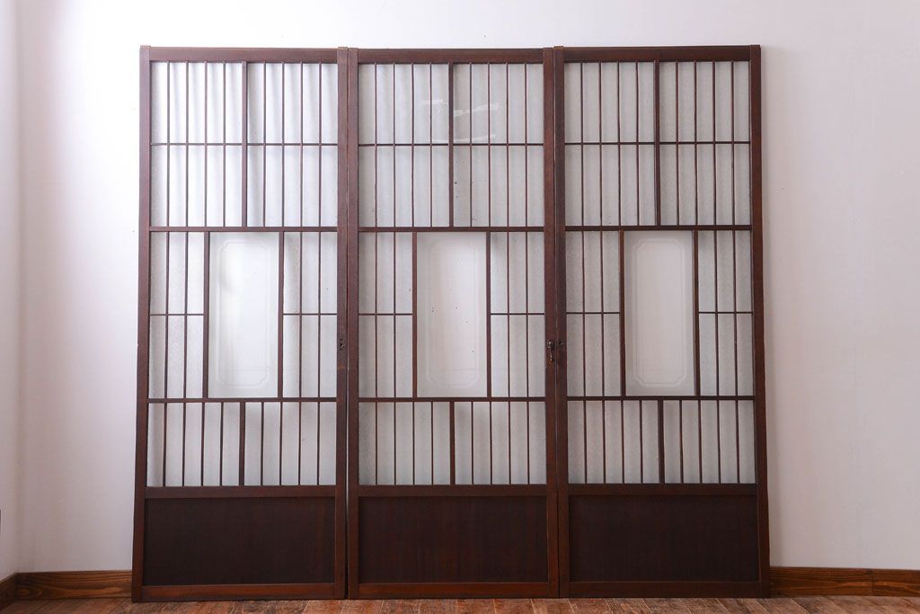 大正ロマン　デザインガラス入り!アンティーク障子枠ガラス戸3枚セット