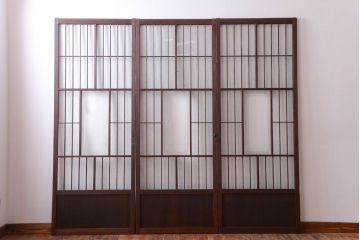 大正ロマン　デザインガラス入り!アンティーク障子枠ガラス戸3枚セット