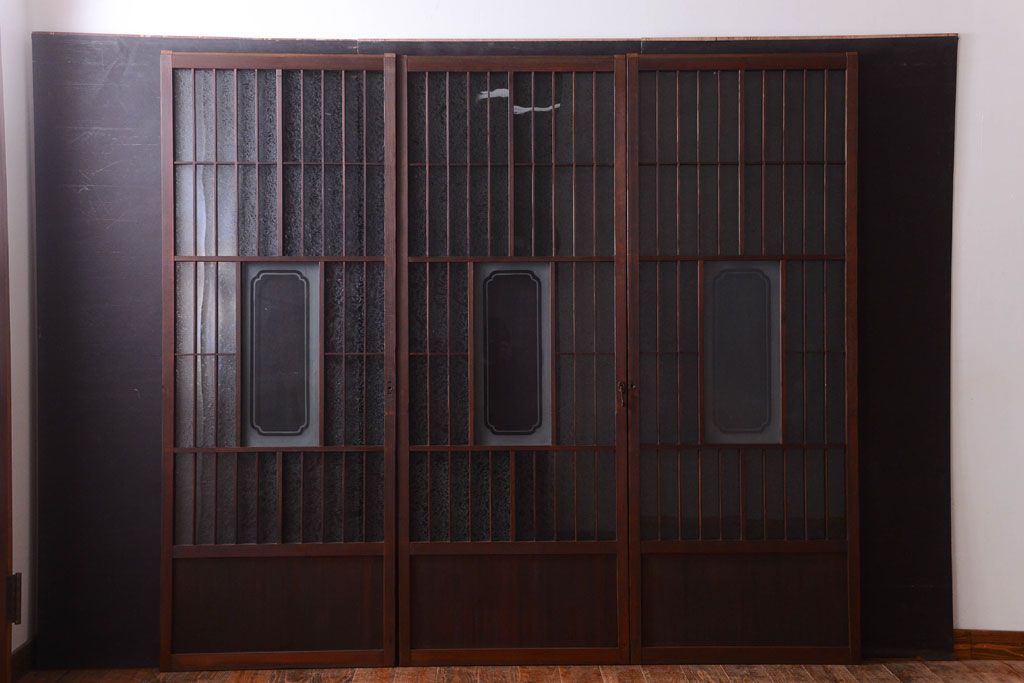 大正ロマン　デザインガラス入り!アンティーク障子枠ガラス戸3枚セット