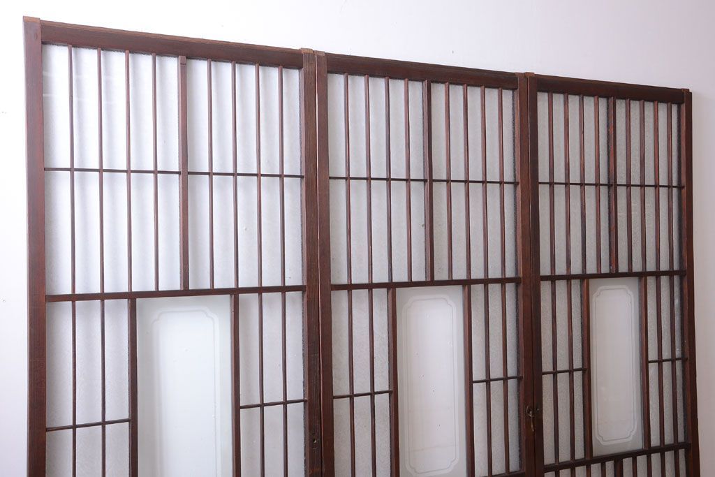 大正ロマン　デザインガラス入り!アンティーク障子枠ガラス戸3枚セット