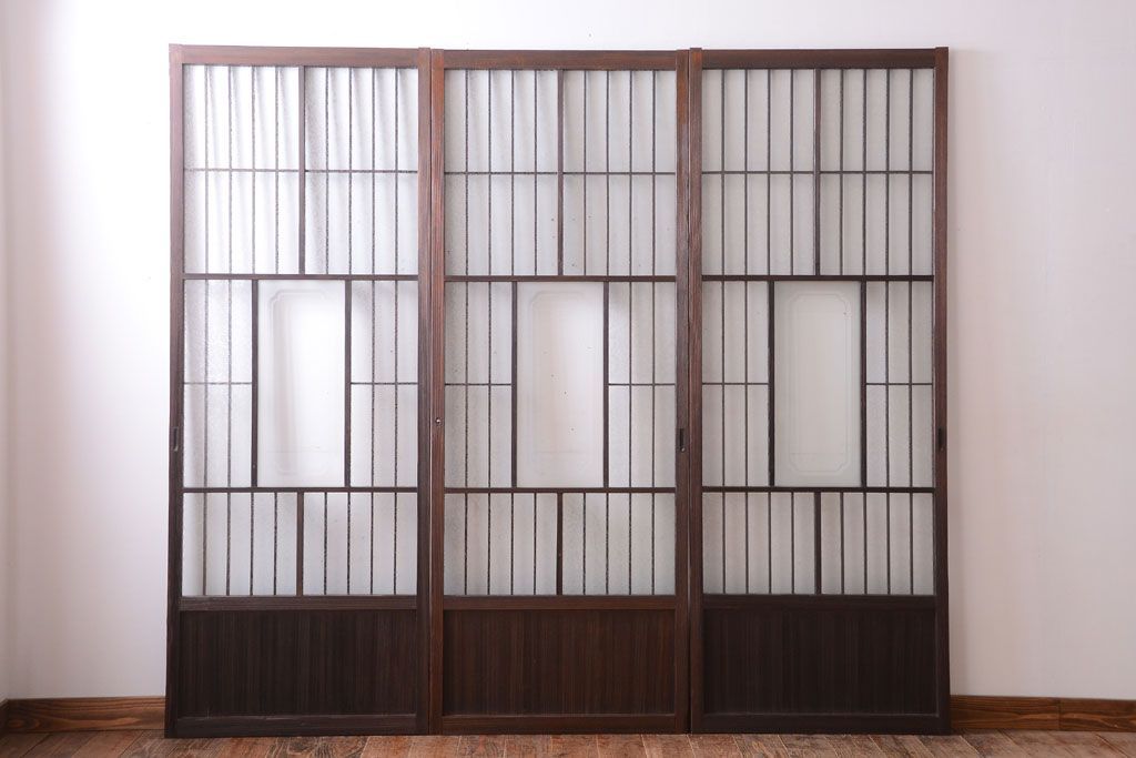 大正ロマン　デザインガラス入り!アンティーク障子枠ガラス戸3枚セット