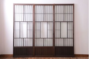 大正ロマン　デザインガラス入り!アンティーク障子枠ガラス戸3枚セット