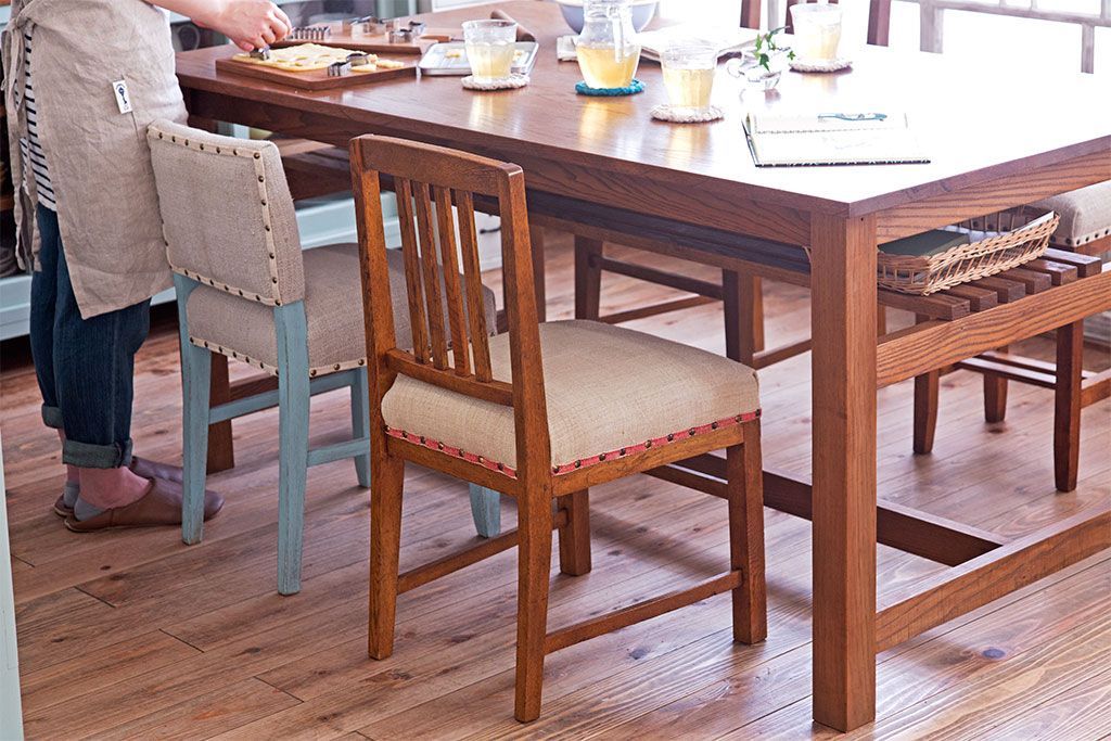 アンティーク家具　和製アンティーク　アンティークリネン座面のシンプルなダイニングチェア(3)