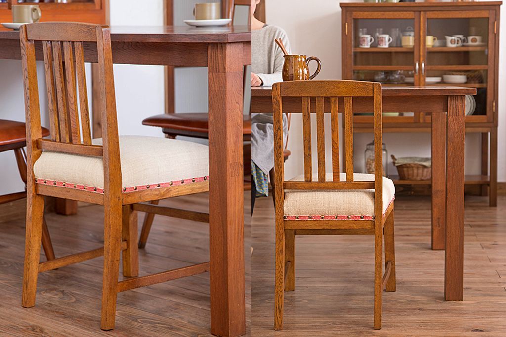 アンティーク家具　和製アンティーク　アンティークリネン座面のシンプルなダイニングチェア(3)