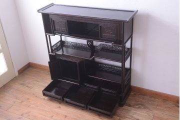中古　民芸家具　唐木縞黒檀　美しい意匠の上品な高級飾り棚