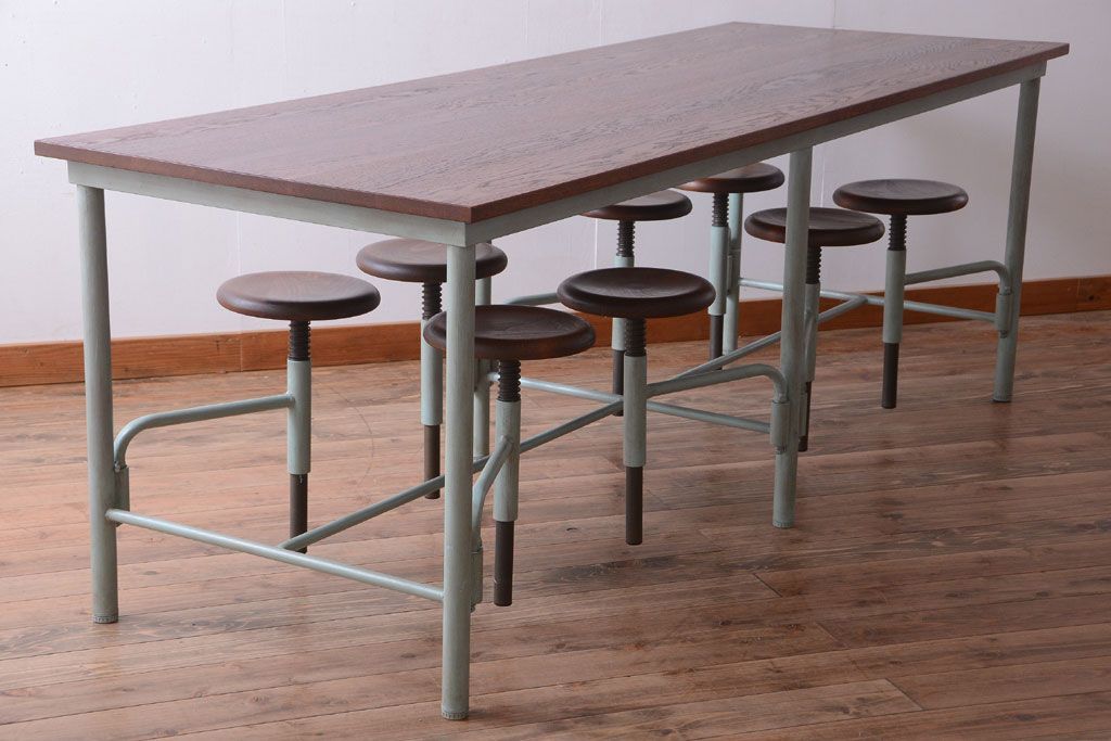 ラフジュ工房オリジナル 8脚格納スツール付き机(テーブル・作業台)