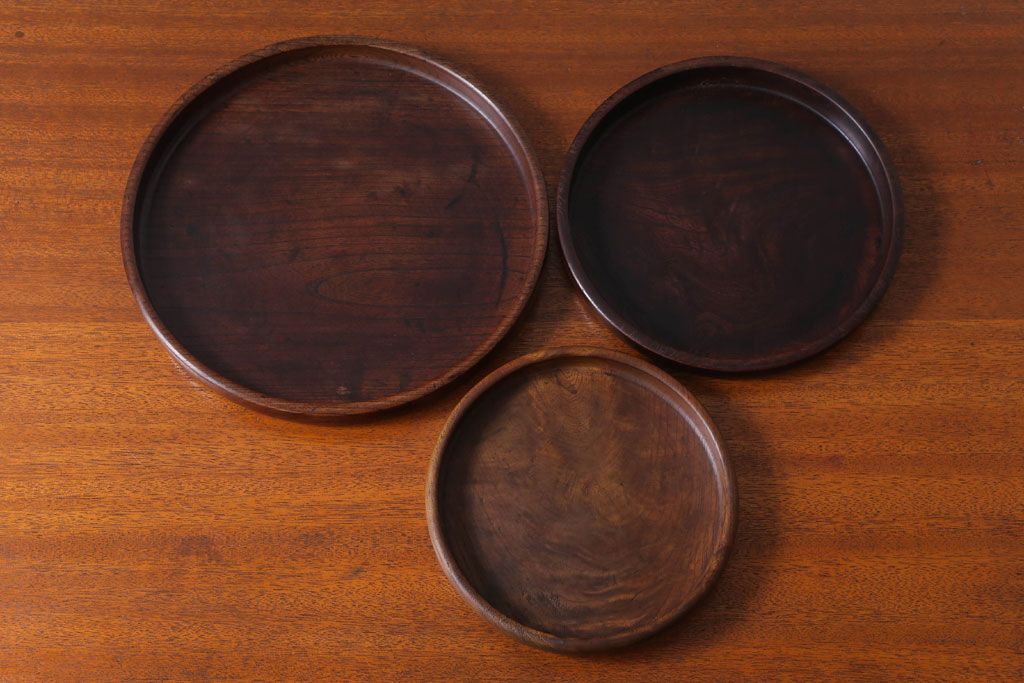 アンティーク雑貨　和製アンティーク　大正〜昭和期　古い木製お盆3サイズセット