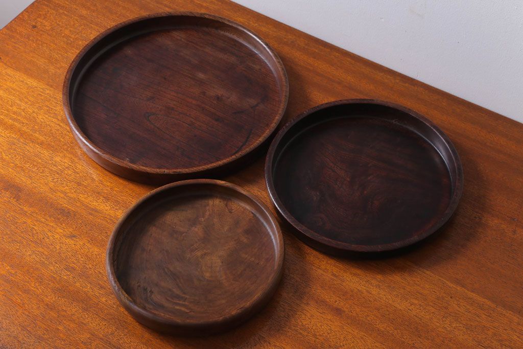 アンティーク雑貨　和製アンティーク　大正〜昭和期　古い木製お盆3サイズセット