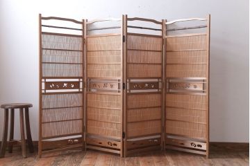 古民具・骨董　古い木味の折り畳み式パーテーション(四連屏風衝立て)(1)
