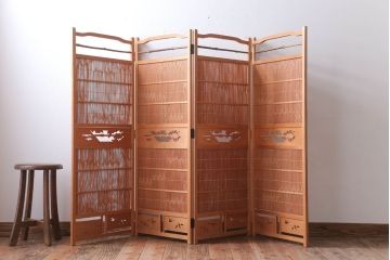 古民具・骨董　古い木味の折り畳み式パーテーション(四連屏風衝立て)(2)