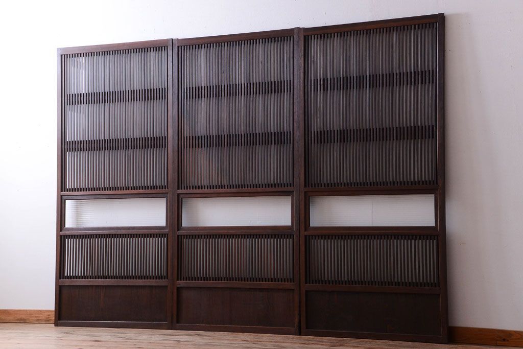 古民具・骨董　裏ガラス入り!モールガラス帯のアンティーク格子戸3枚セット