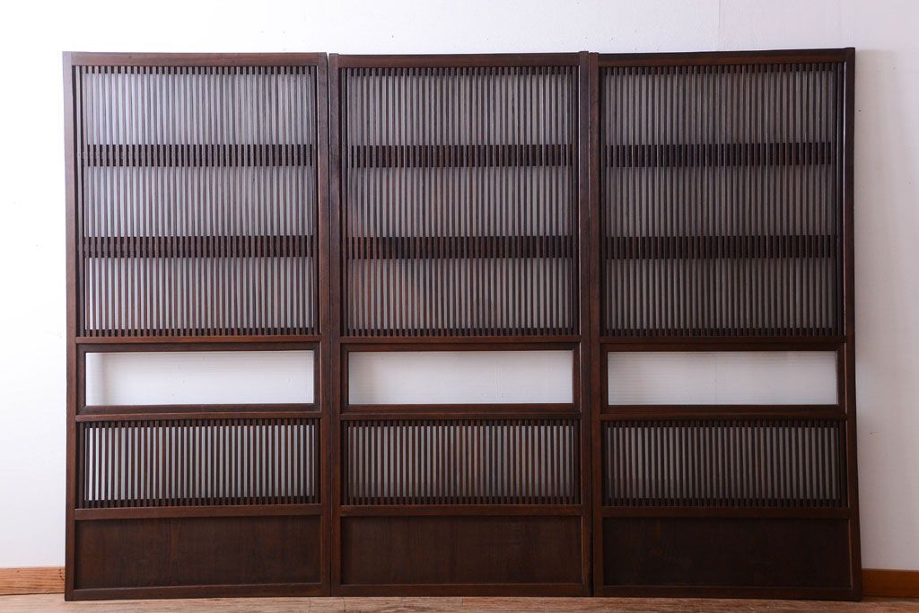 古民具・骨董　裏ガラス入り!モールガラス帯のアンティーク格子戸3枚セット