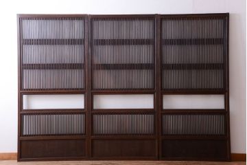 古民具・骨董　裏ガラス入り!モールガラス帯のアンティーク格子戸3枚セット