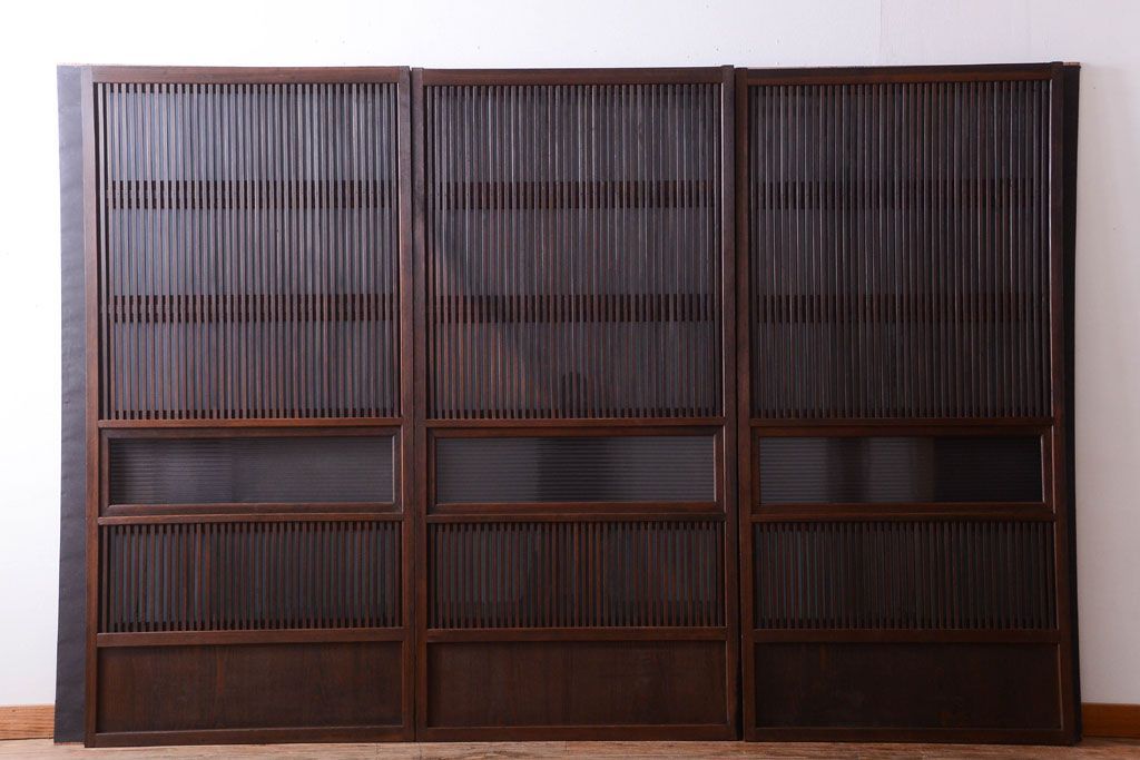 古民具・骨董　裏ガラス入り!モールガラス帯のアンティーク格子戸3枚セット