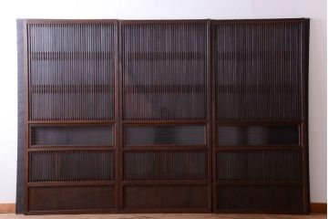 古民具・骨董　裏ガラス入り!モールガラス帯のアンティーク格子戸3枚セット