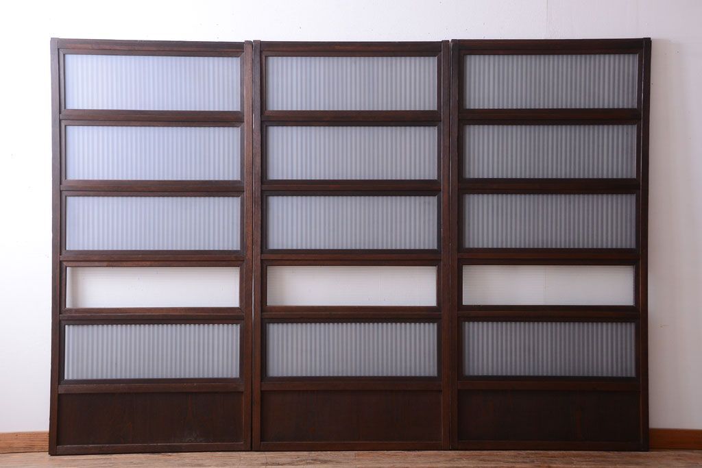 古民具・骨董　裏ガラス入り!モールガラス帯のアンティーク格子戸3枚セット