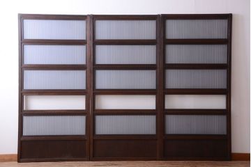 古民具・骨董　裏ガラス入り!モールガラス帯のアンティーク格子戸3枚セット