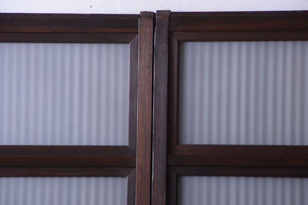 古民具・骨董　裏ガラス入り!モールガラス帯のアンティーク格子戸3枚セット