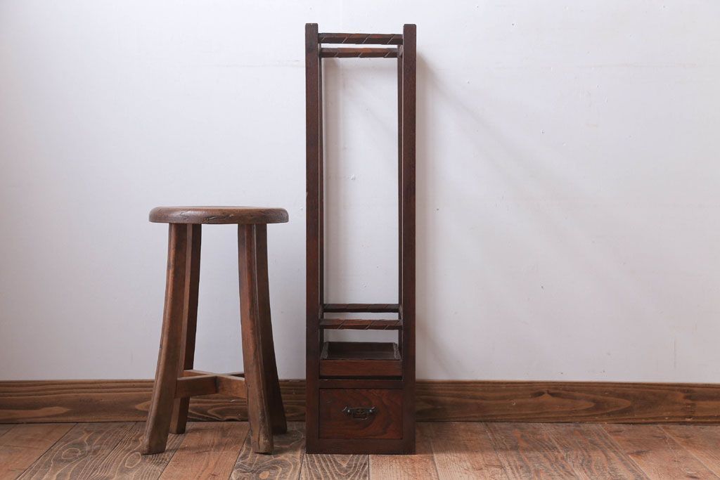 アンティーク雑貨　古民具・骨董　大正期　引き出し付き!古いナラ材のアンティーク傘立て