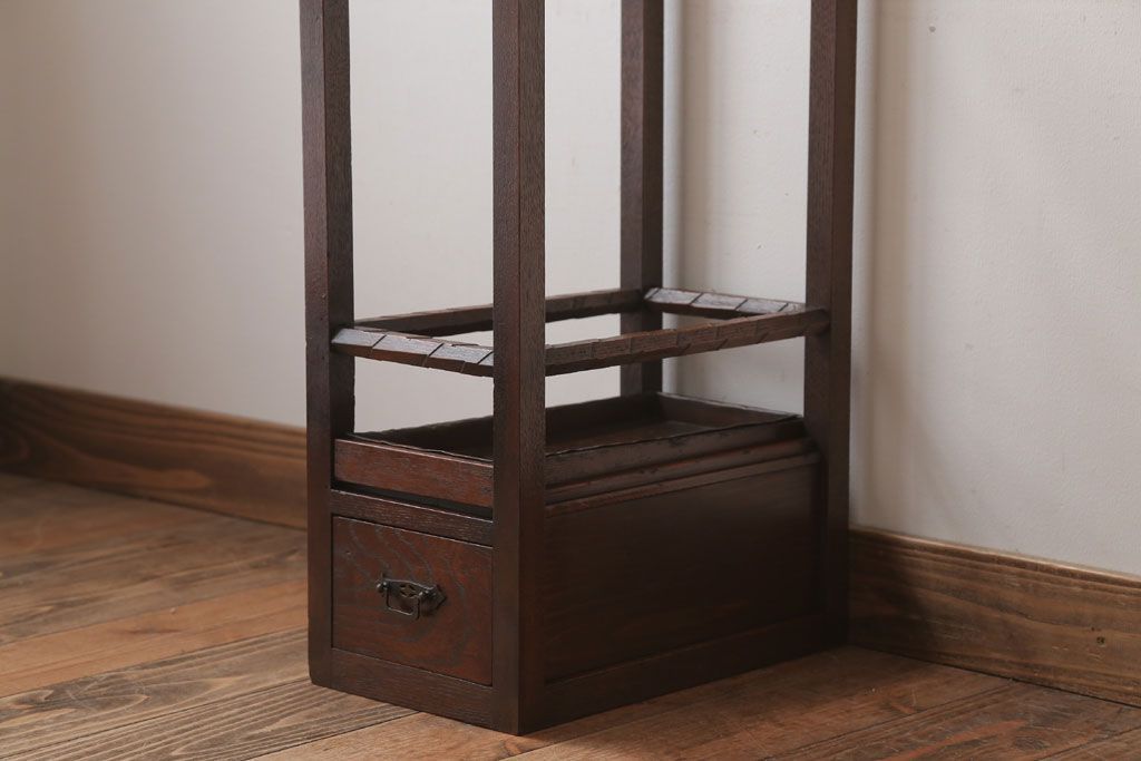 アンティーク雑貨　古民具・骨董　大正期　引き出し付き!古いナラ材のアンティーク傘立て