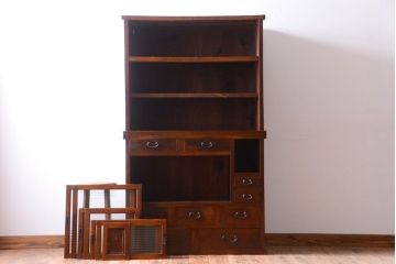 アンティーク家具　和製アンティーク　モールガラス入り!前面欅材の古い収納棚(食器棚)