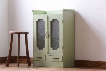 アンティーク家具　アンティークペイント　ダイヤガラス入りの小さな本箱(ブックケース)