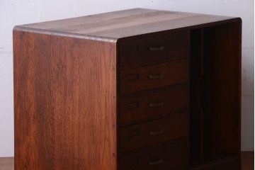 レトロ家具　アンティーク　古いナラ材のレトロな本立て付き小引き出し