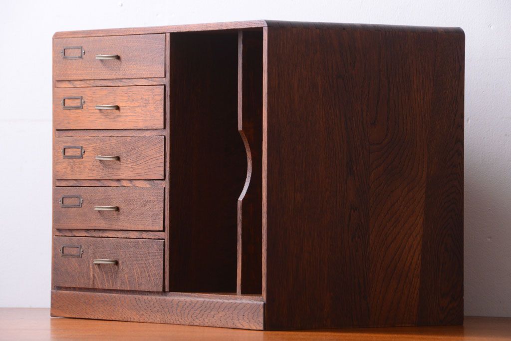 レトロ家具　アンティーク　古いナラ材のレトロな本立て付き小引き出し