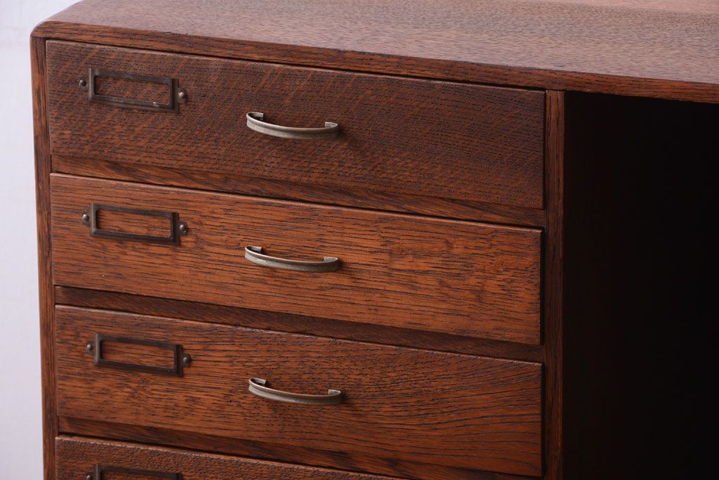 レトロ家具　アンティーク　古いナラ材のレトロな本立て付き小引き出し