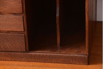 レトロ家具　アンティーク　古いナラ材のレトロな本立て付き小引き出し