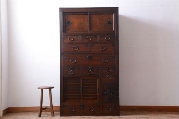 【S様ご成約分】古民具・骨董　明治〜大正期　二段重ねアンティーク関西帳場箪笥