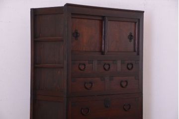 【S様ご成約分】古民具・骨董　明治〜大正期　二段重ねアンティーク関西帳場箪笥