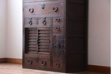 【S様ご成約分】古民具・骨董　明治〜大正期　二段重ねアンティーク関西帳場箪笥