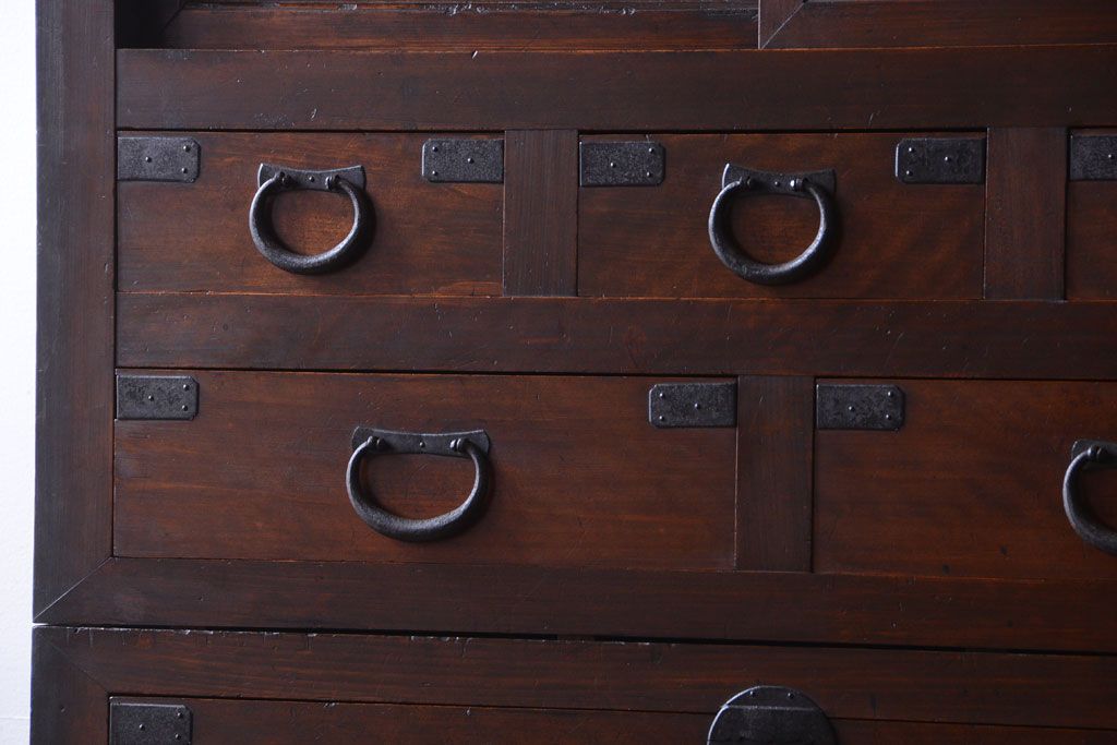 【S様ご成約分】古民具・骨董　明治〜大正期　二段重ねアンティーク関西帳場箪笥