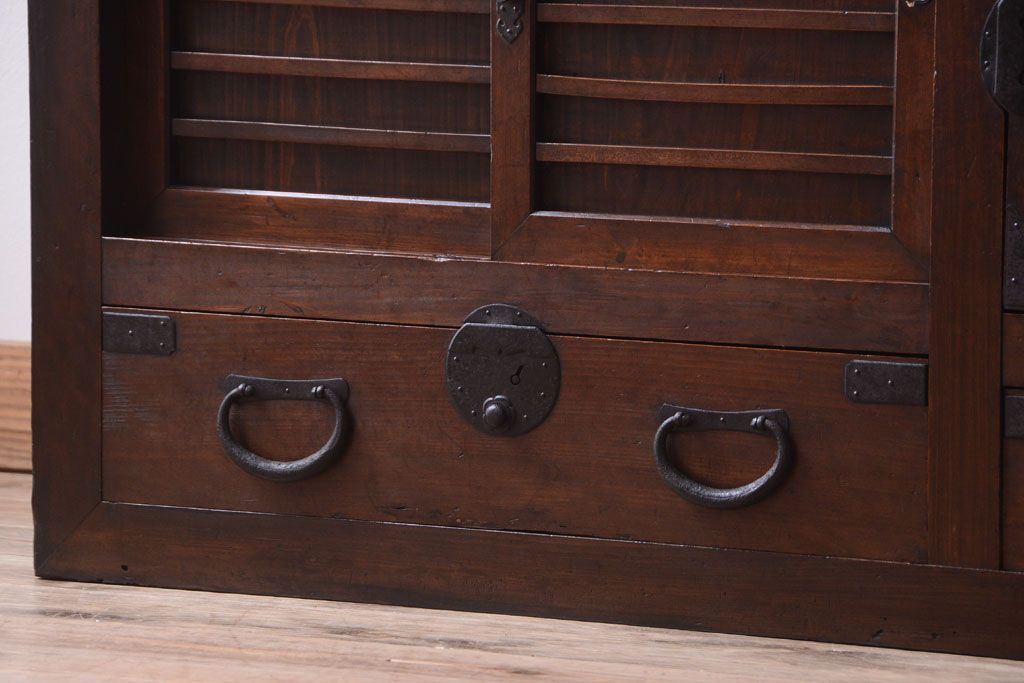 【S様ご成約分】古民具・骨董　明治〜大正期　二段重ねアンティーク関西帳場箪笥