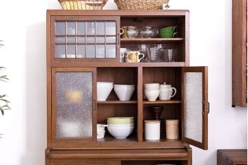 アンティーク家具　和製アンティーク　ダイヤガラス入り!作業台付き上品な古いカップボード(食器棚)