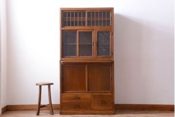 アンティーク家具　和製アンティーク　ダイヤガラス入り!作業台付き上品な古いカップボード(食器棚)