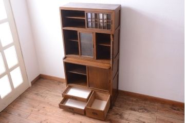 アンティーク家具　和製アンティーク　ダイヤガラス入り!作業台付き上品な古いカップボード(食器棚)