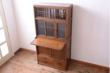 アンティーク家具　和製アンティーク　ダイヤガラス入り!作業台付き上品な古いカップボード(食器棚)