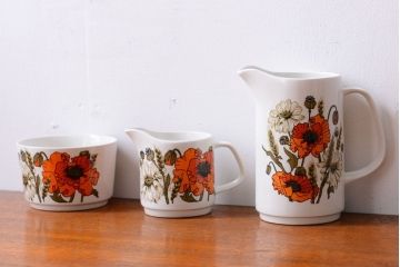 イギリスビンテージ　J&G　MEAKIN(ミーキン) POPPY(ポピー)シリーズ シュガー・大小ジャグ3点セット(洋食器)