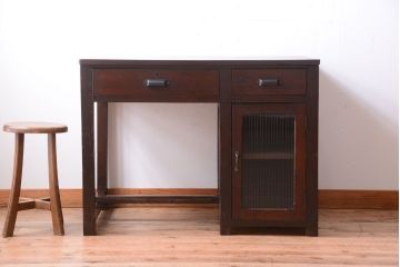 レトロ家具　和製アンティーク　モールガラス入り!古いナラ材のレトロな片袖机(勉強机・デスク)