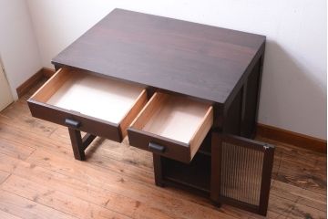 レトロ家具　和製アンティーク　モールガラス入り!古いナラ材のレトロな片袖机(勉強机・デスク)