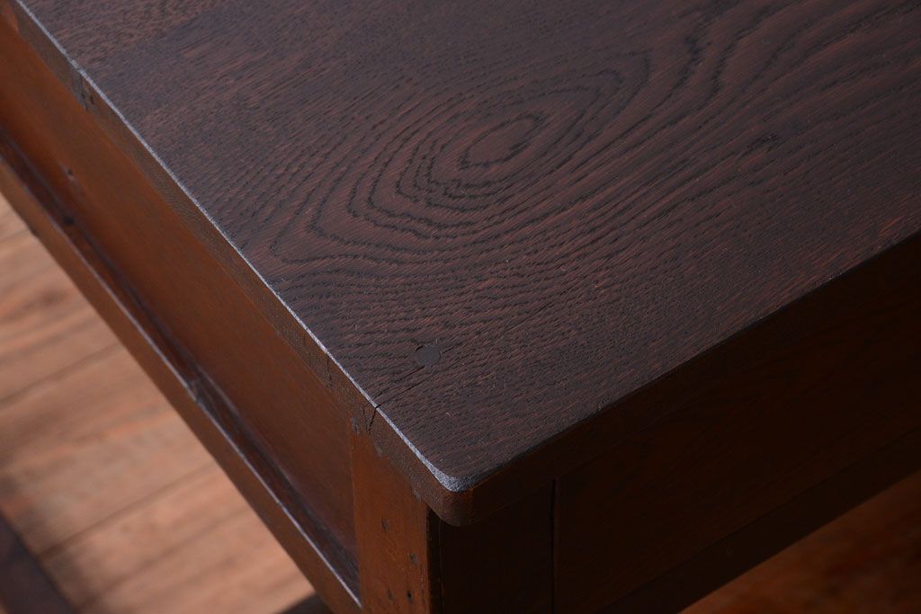 レトロ家具　和製アンティーク　モールガラス入り!古いナラ材のレトロな片袖机(勉強机・デスク)