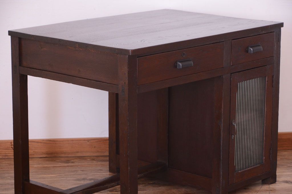 レトロ家具　和製アンティーク　モールガラス入り!古いナラ材のレトロな片袖机(勉強机・デスク)