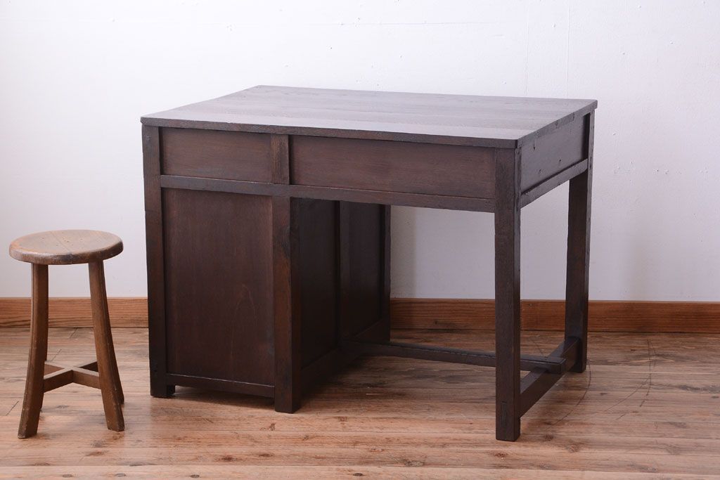 レトロ家具　和製アンティーク　モールガラス入り!古いナラ材のレトロな片袖机(勉強机・デスク)