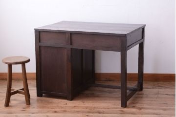 レトロ家具　和製アンティーク　モールガラス入り!古いナラ材のレトロな片袖机(勉強机・デスク)