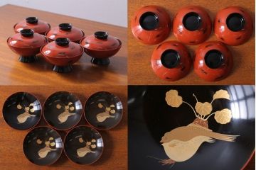 アンティーク雑貨　アンティーク　根来塗風　山葵に河豚の図　木製蒔絵椀5客セット